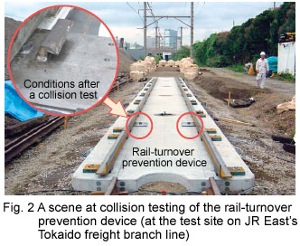 Fig. 2 A scene at collision testing of the rail-turnover prevention device (at the test site on JR Eastfs Tokaido freight branch line)