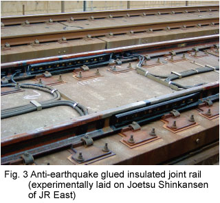 Fig. 3 Anti-earthquake glued insulated joint rail
(experimentally laid on Joetsu Shinkansen of JR East)