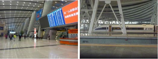 図3 北京南駅（左：コンコース，右：停車車両）