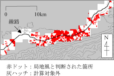 図1 既往の手法における局地風領域の抽出例