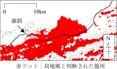 図3 改良した手法における局地風領域の抽出例